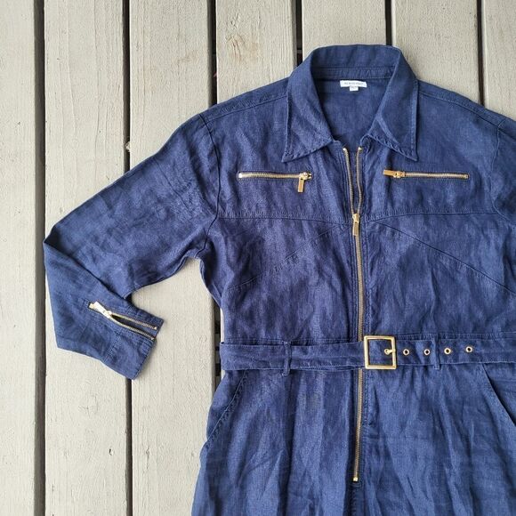 WeWoreWhat Utility Jumpsuit Linen Long Sleeve Gold Zip Collared Blue Size XL - Picture 7 of 12
